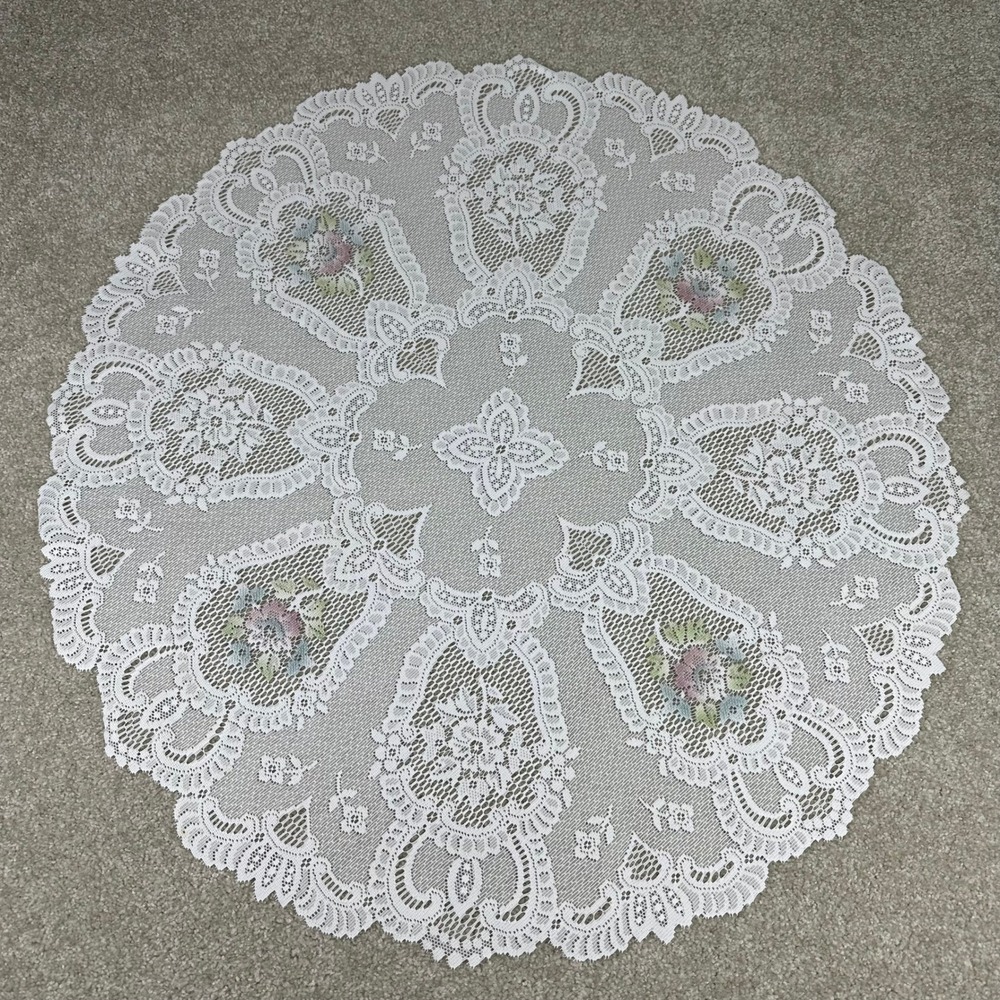 Vintage Round White Floral Lace Tablecloth Doily 34" Cottagecore Shabby Chic